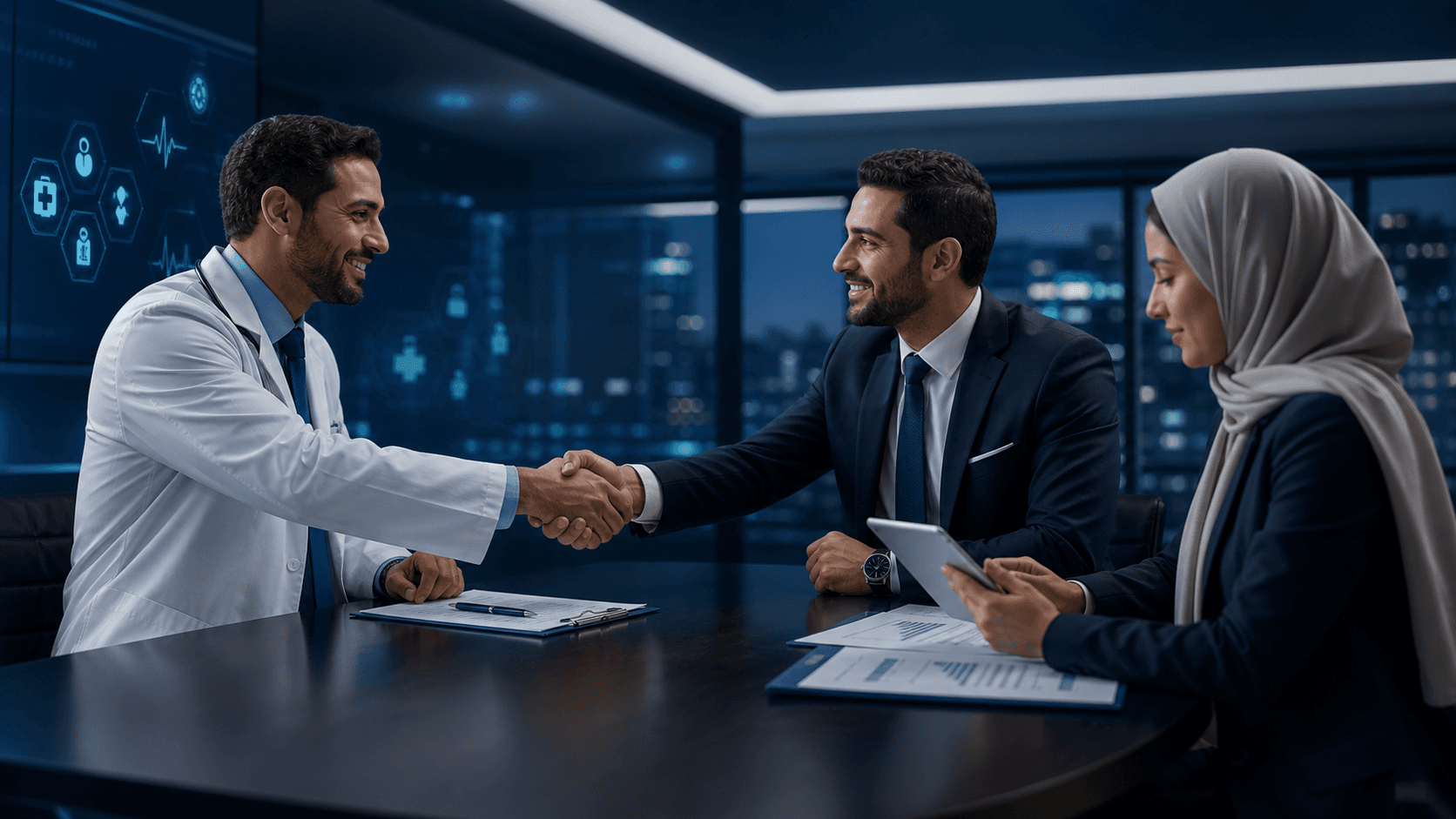 اجتماع تعاقد طبي بين طبيب وفريق أعمال
